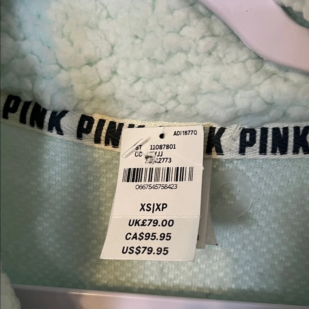 NWT VS PINK Quarter-Zip Pullover Sherpa Fleece Sweatshirt Mint Green Relaxed XS - Picture 3 of 5